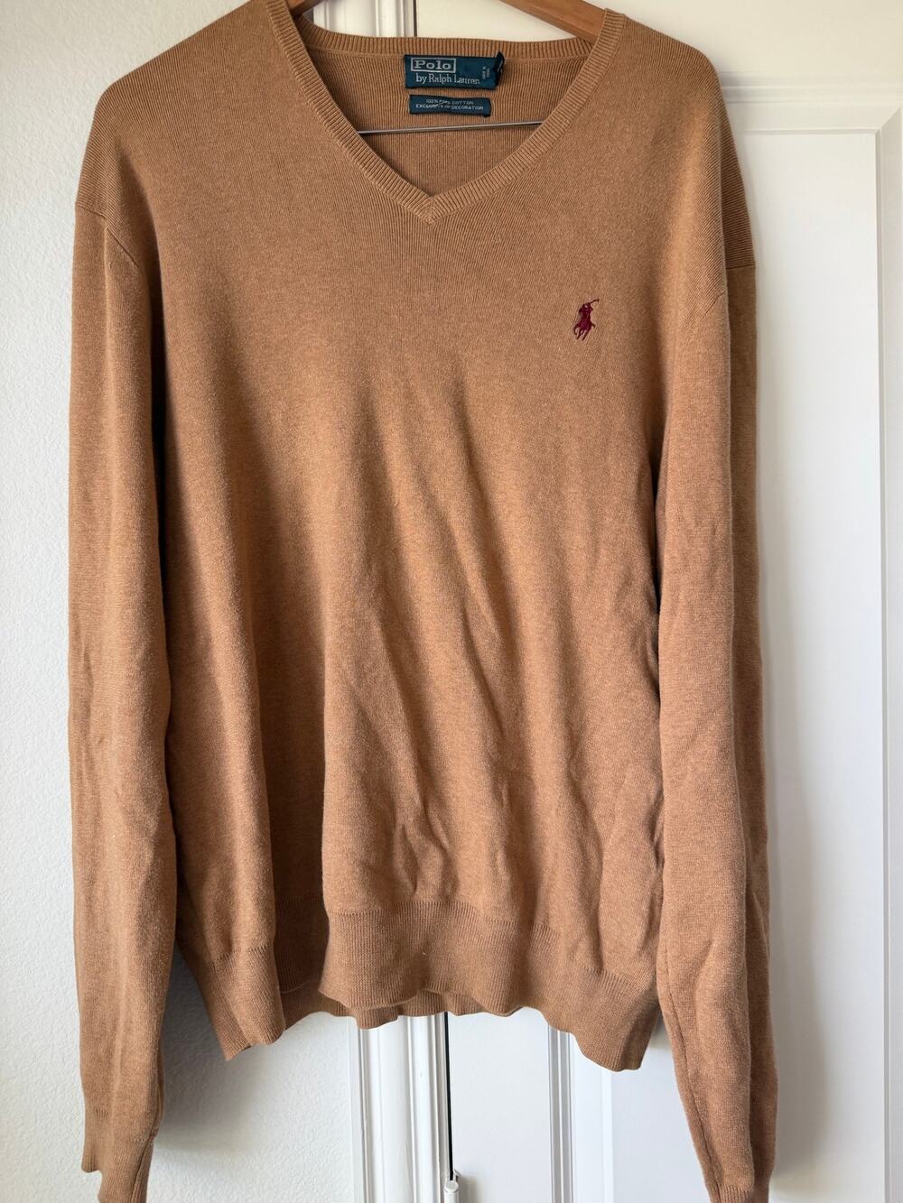 Polo by Ralph Lauren Mens XL Pima Cotton Camel Brown V-Neck L/S Sweater Red Pony